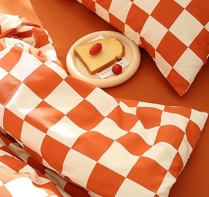 Orange White Grid Comforter Set King Burnt Orange Plaid Bedding Set Women Reddish and White Checkered Bed Comforter Set Breathable Blanket Set Men Durable Bedding Comforter Set