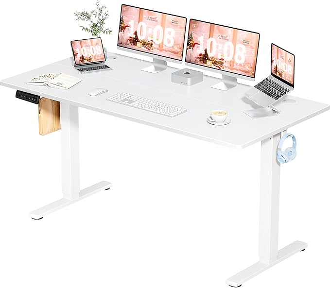 Sweetcrispy Standing Desk -55 in Electric Standing Desk, Height Adjustable Stand Up Desk for Home Office, Sit Stand Desk Stable Computer Rising Desk with Spliced Board, 2 Storage Hooks, White