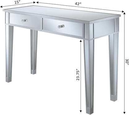 Convenience Concepts Gold Coast Desk 42" Console Table with 2 Drawers for Storage in Living Room, Office, Den, 42 x 15 x 30 inches, Silver/Mirror