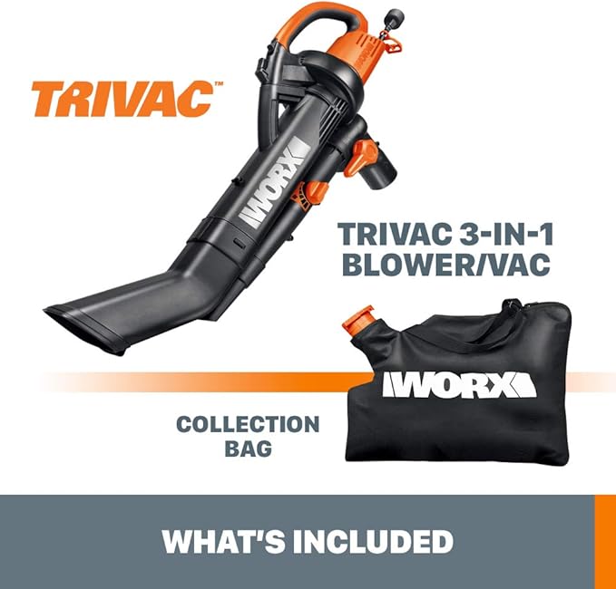 WORX WG505 TRIVAC 12 Amp 3-in-1 Electric Leaf Blower/Leaf Vacuum/Mulcher, Metal Impeller for Fine Mulching