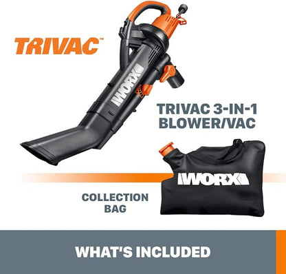 WORX WG505 TRIVAC 12 Amp 3-in-1 Electric Leaf Blower/Leaf Vacuum/Mulcher, Metal Impeller for Fine Mulching