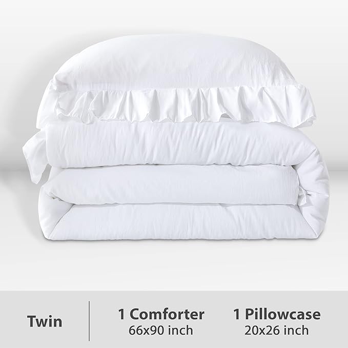 Andency White Comforter Twin Size, 2 Pieces Solid Farmhouse Shabby Chic Ruffle Bedding Comforters & Sets, All Season Soft Lightweight Fluffy Bed Set for Kids Girls Teens
