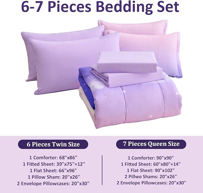 Dinjoy Girls Comforter Set Queen Size Colorful Rainbow Ombre Purple Lavender Pink Bedding Set Gradient 7 Pieces Bed in A Bag for Kids Teen Girl Women(1 Comforter, 1 Flat Sheet, 1 Fitted Sheet)
