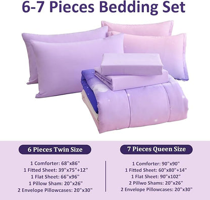 Dinjoy Girls Comforter Set Queen Size Colorful Rainbow Ombre Purple Lavender Pink Bedding Set Gradient 7 Pieces Bed in A Bag for Kids Teen Girl Women(1 Comforter, 1 Flat Sheet, 1 Fitted Sheet)