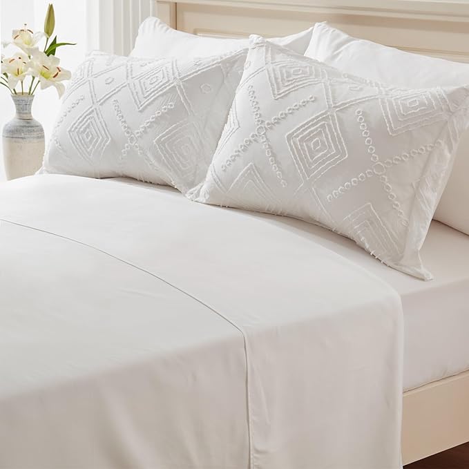 EMME Queen Comforter Set - 7 Pcs White Boho Bedding Sets, Full Size Tufted Comforter with Sheets, Shabby Chic Embroidery Bed Set Fluffy Bed Bag for All Season(90"X90")