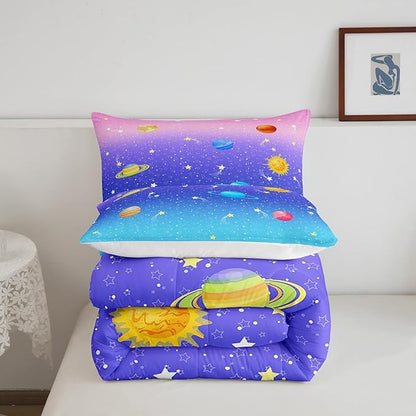 Erosebridal Cute Galaxy Comforter Set King for Boys Girls Kids Stars Planet Space Bedding Set Kawaii Rainbow Pastel Bedding Comforter Sets Pink Blue Purple Ombre Cartoon Quilt Duvet 2 Pillow Cases