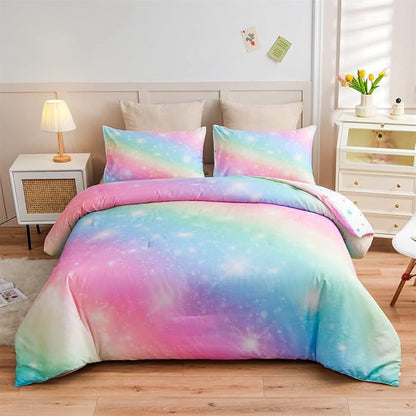Holawakaka Girls Ombre Glitter Comforter Set, Full Size Gradient Rainbow Galaxy Print Kids Bedding Sets, Multi-color Ultra-soft Dorm Bed Set (Pink Green, Full)