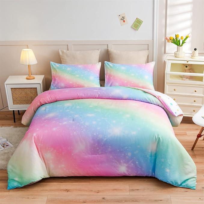 Holawakaka Girls Ombre Glitter Comforter Set, Twin Size Gradient Rainbow Galaxy Print Kids Bedding Sets, Multi-color Ultra-soft Dorm Bed Set (Pink Green, Twin)