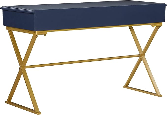 Linon Campaign Desk Navy with Gold Legs, Blue