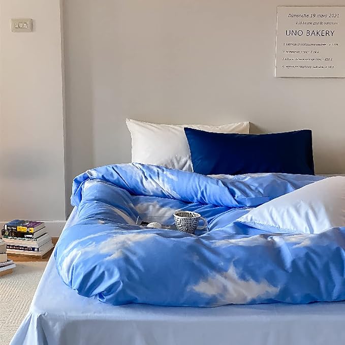 Cotton Blue Cloud Comforter Set Cal King Size Sky Blue Comforter Cotton 3 Pieces Soft Light Blue California King Comforter Bedding Set Women Solid Blue Plus Size Bed Comforter Set All Season