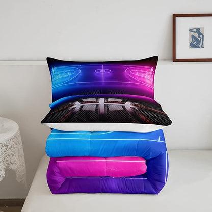 Erosebridal Sports Basketball Queen Comforter Set for Teen Boys Girls Neon Basketball Court Bedding Set,Ball Competitive Games Comforter Soft Lightweight Quilt Duvet Set 2 Pillow Cases Bedroom Decor