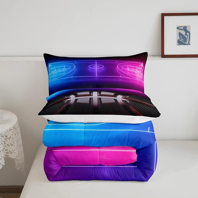 Erosebridal Sports Basketball Comforter Set for Boys Girls Neon Basketball Court Bedding Set Full,Kids Ball Competitive Games Comforter Soft Lightweight Quilt Duvet Set 2 Pillow Cases Bedroom Decor