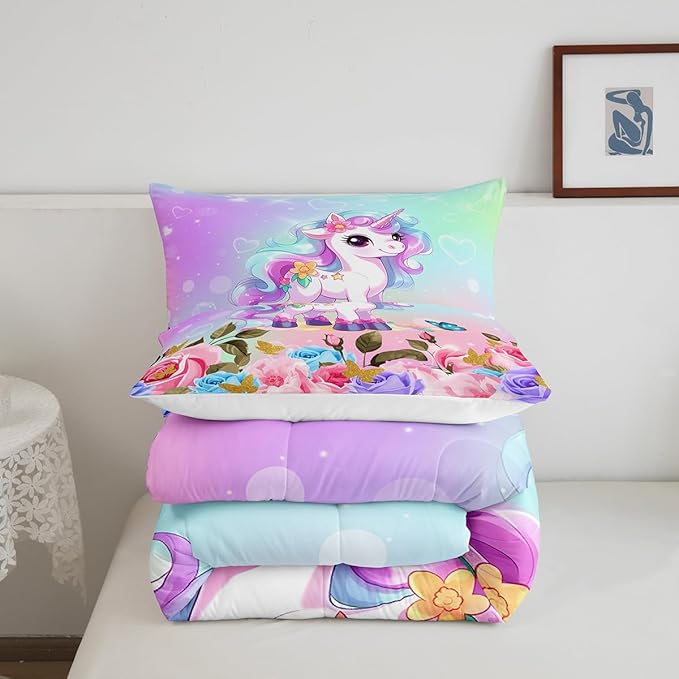Cartoon Unicorn Kids Comforter Set Twin Size,Rose Flowers Butterfly Leaves Bedding Set,Girls Women Room Decor,Starry Sky Unicorn Cute Down Comforter,Pink Purple Romantic Duvet Insert,1 Pillowcase