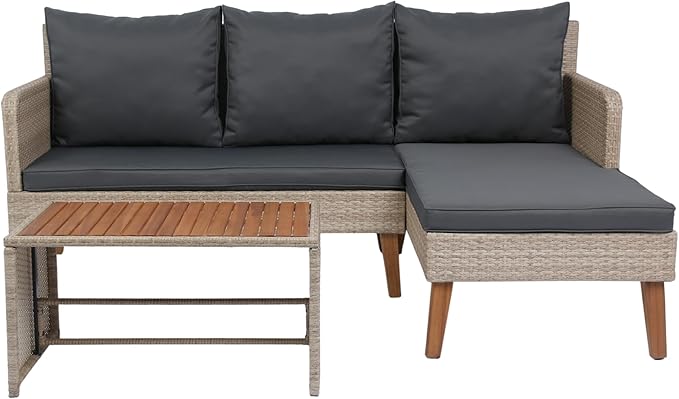 3-Piece Outdoor PE Rattan Furniture Set, Patio Wicker Conversation Loveseat Sofa Sectional Couch with Thick Cushion for Backyard, Deck, Poolside, Zn-Dark Grey