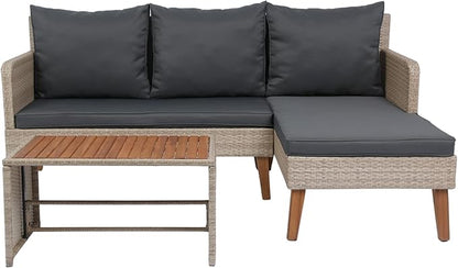 3-Piece Outdoor PE Rattan Furniture Set, Patio Wicker Conversation Loveseat Sofa Sectional Couch with Thick Cushion for Backyard, Deck, Poolside, Zn-Dark Grey
