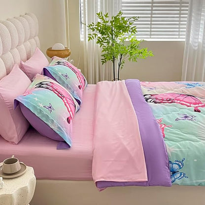 Girls Butterfly Comforter Set Bed in A Bag Twin Size 7 Piece 3D Purple Bedding Comforter Bed Set with Pillow Shams, Flat Sheet, Fitted Sheet, Pillowcases All Season