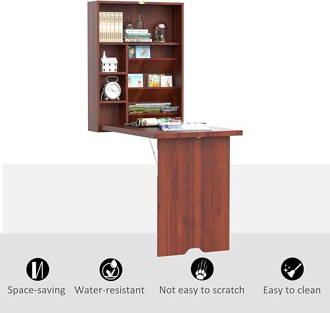 HOMCOM Compact Fold Out Wall Mounted Convertible Desk with Storage, Mahogany