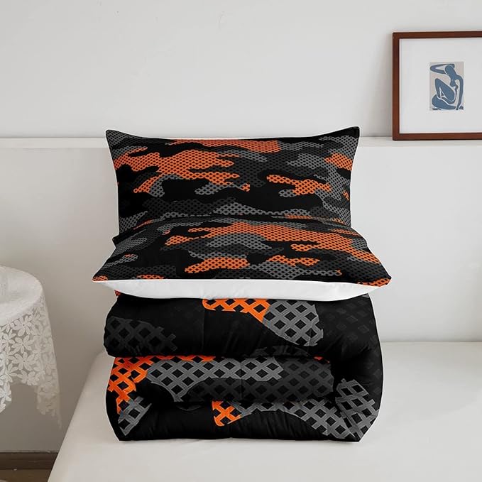 Erosebridal Army Camouflage Comforter Set King Size Teens Adult Camo Bedding Set for Kids Boys Girls Colorful Pattern Decor Down Comforter Orange Black Grey Duvet Set Geometric Pattern Quilt Set