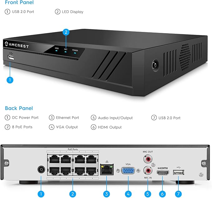 Amcrest NV4108E-A2 4K 8CH POE NVR (1080p/3MP/4MP/5MP/8MP) POE Network Video Recorder - Supports up to 8 x 8MP/4K IP Cameras, 8-Channel Power Over Ethernet Supports up to 10TB HDD (Not Included)