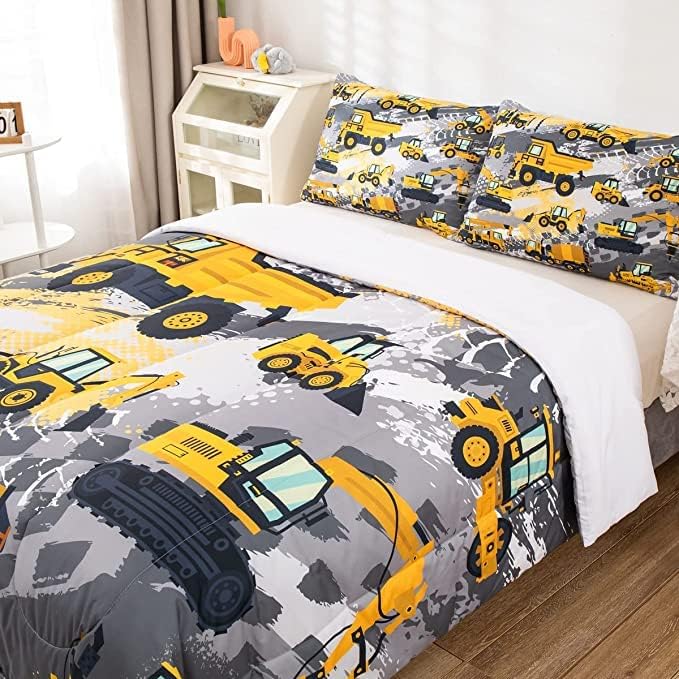 Feelyou Boys Construction Bedding Set King Size Comforter for Boys Kids Tractor Comforter Set Toddler Construction Decorations Car Bed for Boys Cartoon Excavator Trucks Quilt Set with 2 Pillow Cases