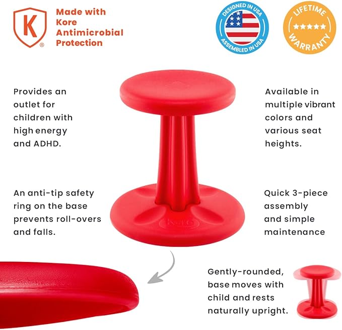 Kore Kids Preschool Wobble Chair - Flexible Seating Stool for Classroom, Preschool, Kindergarten & Elementary School - Age 4-5 yrs, Red (12in)