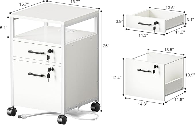 SUPERJARE File Cabinet with Lock & Charging Station, 2 Drawers Rolling Filing Cabinet, Office File Cabinet with Wheels & Open Shelf, for Home Office, A4/Letter Size Files - White