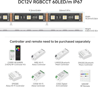 BTF-LIGHTING RGBCCT 5 Colors in 1 LED 5050SMD RGBWW RGB+Dimmable Tunable Color Temperature 2700K-6500K 16.4ft 60LEDs/m 300LEDs DC12V Multi-Colored Lights IP67 for Decoration(No Adapter or Controller)