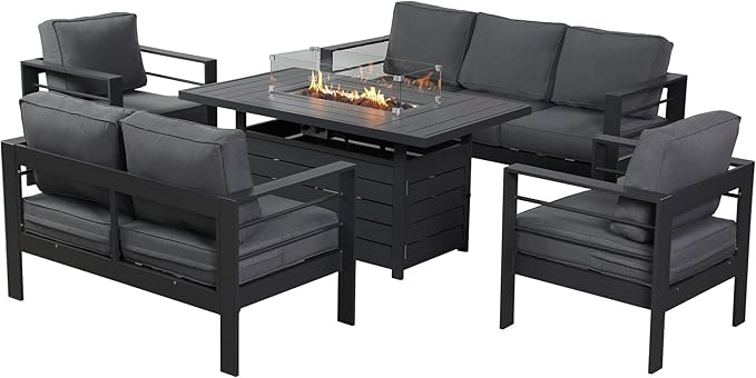 Wisteria Lane 5 Piece Aluminum Outdoor Patio Furniture Set with 54 Inch Propane Gas Fire Pit Table, Modern Patio Conversation Sets with Outdoor Sectional Couch for Backyard, Garden, Dark Grey