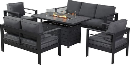 Wisteria Lane 5 Piece Aluminum Outdoor Patio Furniture Set with 54 Inch Propane Gas Fire Pit Table, Modern Patio Conversation Sets with Outdoor Sectional Couch for Backyard, Garden, Dark Grey