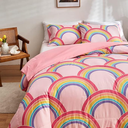 Feelyou Rainbow Glow in The Dark Comforter Set for Girls Kids Full Pink Rainbow Bedding Set Super Soft Colorful Stripe Mermaid Scales Comforter Baby Girl Bedroom Pink Decor Bedding Quilted Duvet