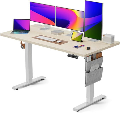 Standing Desk Adjustable Height, Electric Standing Desk with Starage Bag, Stand up Desk for Home Office Computer Desk Memory Preset with Headphone Hook, 55x24 Inch, Maple