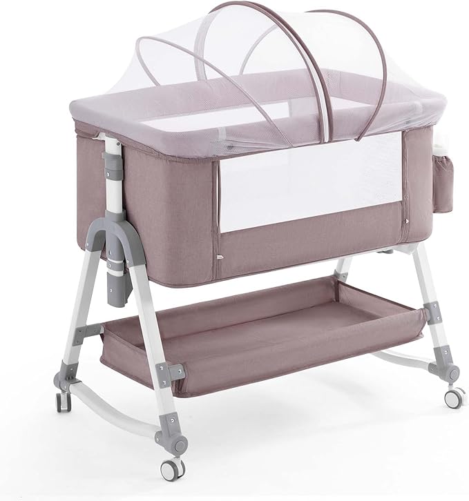 4 in 1 Baby Bassinet, Rocking Bassinets Bedside Sleeper with Comfy Mattress and Wheels, Height Adjustable Easy Folding Portable Bedside Crib for Newborn Infant,Khaki