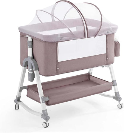 4 in 1 Baby Bassinet, Rocking Bassinets Bedside Sleeper with Comfy Mattress and Wheels, Height Adjustable Easy Folding Portable Bedside Crib for Newborn Infant,Khaki