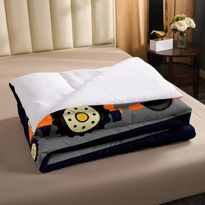 Kids Equipment Trucks Comforter Boys Excavators Bedding Set Construction Site Vehicle Car Decor Comforter Set Tractor Orange Black Grey QuiltCollection 3Pcs Full Size Boys