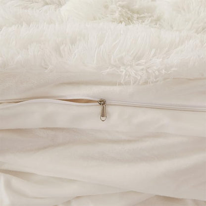 FOPPA Luxury Faux Fur Comforter Cover Set Ultra Soft Plush Bedding Sets 3 Pieces (1 Faux Fur Duvet Cover + 2 Faux Fur Pillow case) Zipper (White, Queen)
