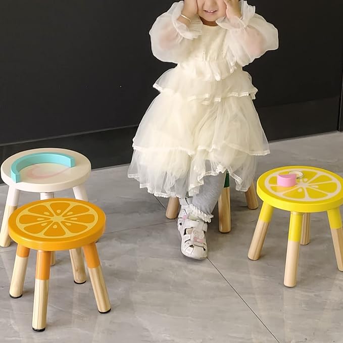 9 Inch Kids Solid Hard Wood Fruit Chair, Crafted Hand-Painted Wood with Assembled Four-Legged Sitting Stool, Bedroom, Playroom, Orange Furniture Stool for Toddler, Children, Boys, Girls(Orange)