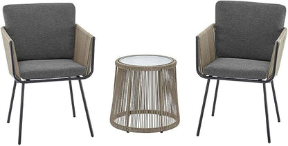 Barton 3 Pieces Wicker Chair Set w/Glass Table Gray Outdoor Patio Furniture Wicker Rattan Modern Conversation Chat Seating
