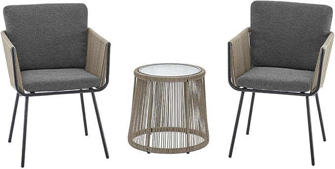 Barton 3 Pieces Wicker Chair Set w/Glass Table Gray Outdoor Patio Furniture Wicker Rattan Modern Conversation Chat Seating