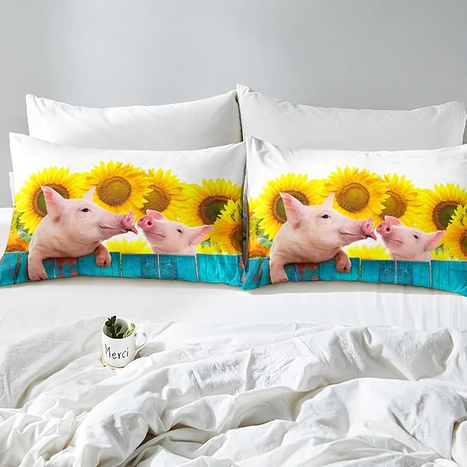 Pig Comforter Set Queen Sunflower Bedding Set For Kids Boys Girls Farmhouse Animals Duvet Set Funny Cute Pig Quilt Set Rustic Country Plant Floral Comforter Set Turquoise Wooden Comforter Set