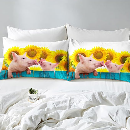 Pig Comforter Set Queen Sunflower Bedding Set For Kids Boys Girls Farmhouse Animals Duvet Set Funny Cute Pig Quilt Set Rustic Country Plant Floral Comforter Set Turquoise Wooden Comforter Set