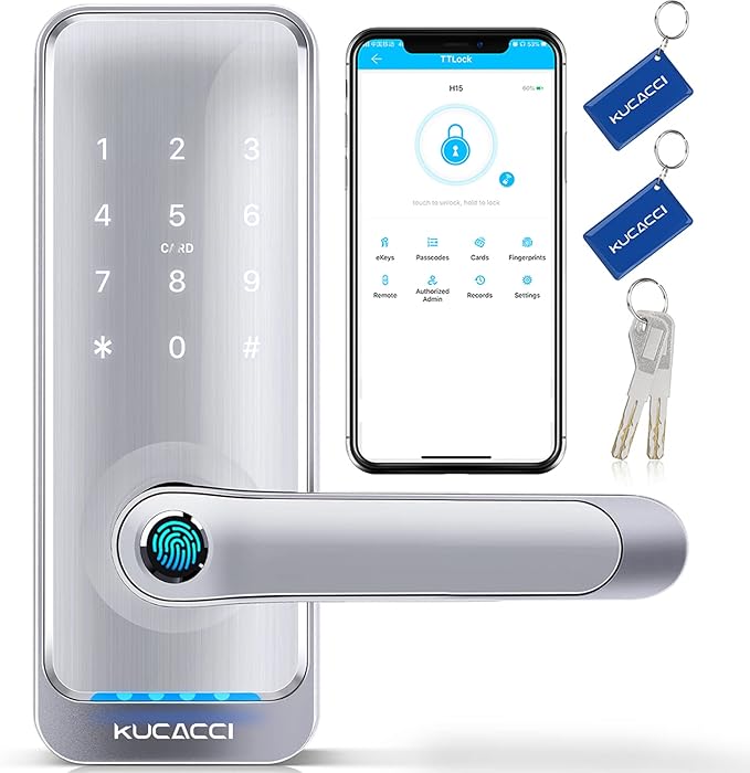 Keypad Smart Door Lock with Handle: Kucacci Keyless Entry Smart Lock for Front Door - Electronic Code for Exterior Door - Retrofit Knob Deadbolt Lock(Silver)
