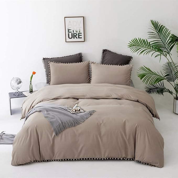 Deep Champagne Comforter Set Full Pom Pom Fringe Comforter 3 PCs Soft Taupe Boho Ball Pom Pom Full Comforter Bedding Women Men Solid Dark Khaki Full Bed Comforter Set All Season Gift