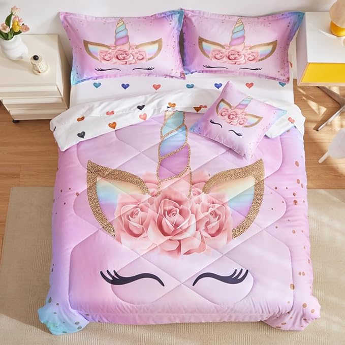 ADASMILE A & S Full Unicorn Comforter Sets for Girls 6 Pieces Pink Floral Unicorn Bedding Set with Colorful Cute Love Heart Sheets Full for Girls Unicorn Bed in a Bag Comforter for Home Decor