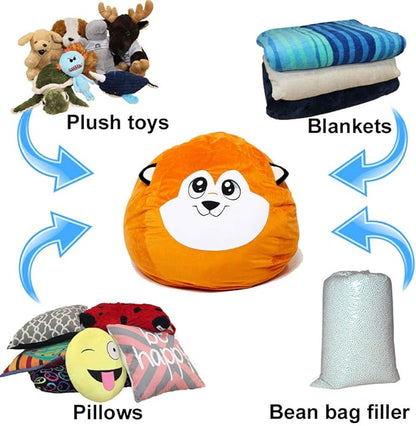 Extra Large Animal Bean Bag Chair Cover and Soft Toy and Linen Storage Organizer for Room Decor (Fox)