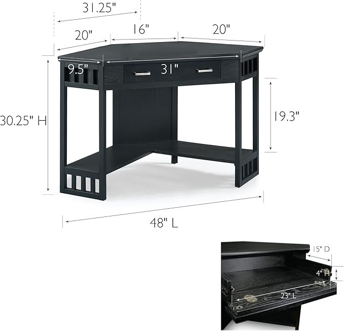 Leick Home 83430 Corner Computer/Writing Desk with Center Keyboard Drawer and Shelf, Black Oak
