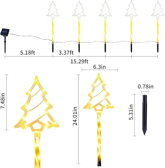 Solar Christmas Pathway Lights Outdoor Decorations, 8 Modes Xmas Tree Candy Lights Waterproof Led Garden Stake Lights for Walkway Yard Lawn Porch Holiday Decor 5-Pack (Warm White Xmas Tree Lights)