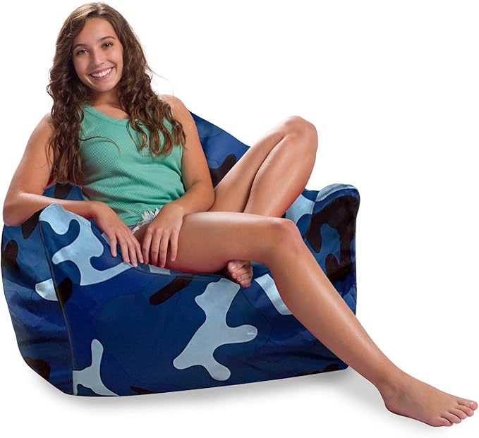 Posh Creations Structured Comfy Bean Bag Chair for Gaming, Reading and Watching TV, Malibu Lounge, Nylon - Camo Blue and Light Blue