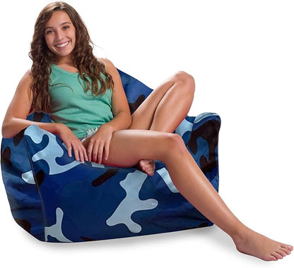 Posh Creations Structured Comfy Bean Bag Chair for Gaming, Reading and Watching TV, Malibu Lounge, Nylon - Camo Blue and Light Blue