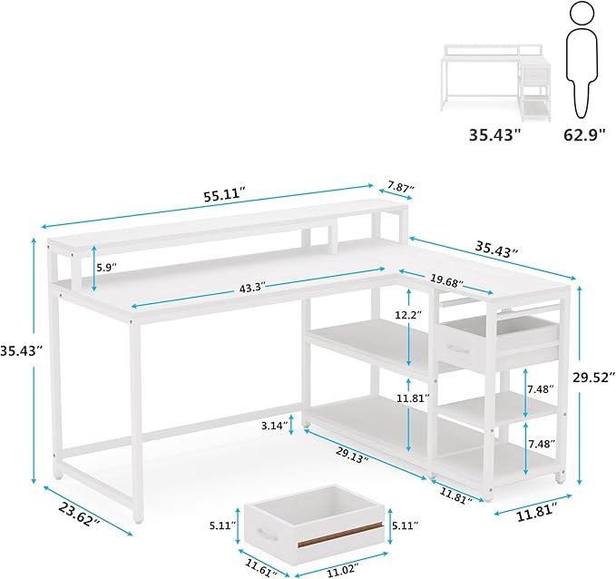 Reversible L-Shaped Computer Desk with hutch & Shelf,white