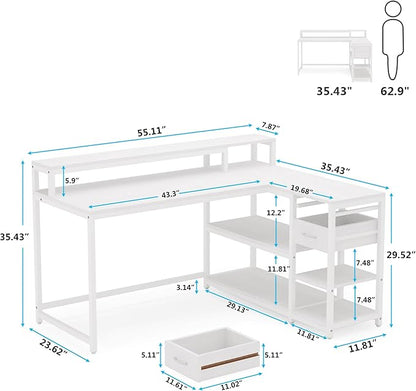 Reversible L-Shaped Computer Desk with hutch & Shelf,white